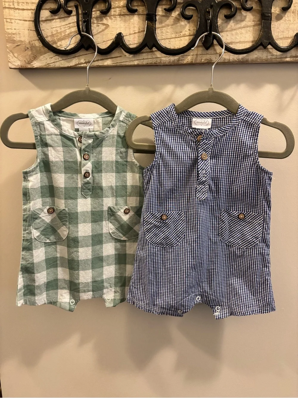 2 Mud Pie Sleeveless Check Romper Duo in Green & Blue